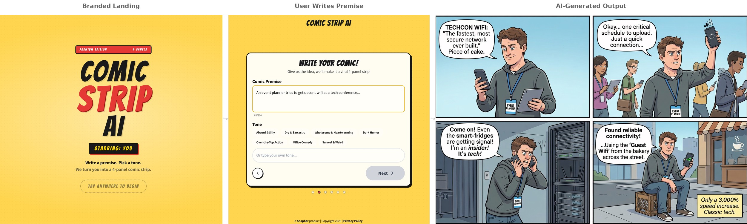 AI-generated comic strip experience: branded landing page, user writing a premise about a tech conference, and the finished 4-panel comic strip output