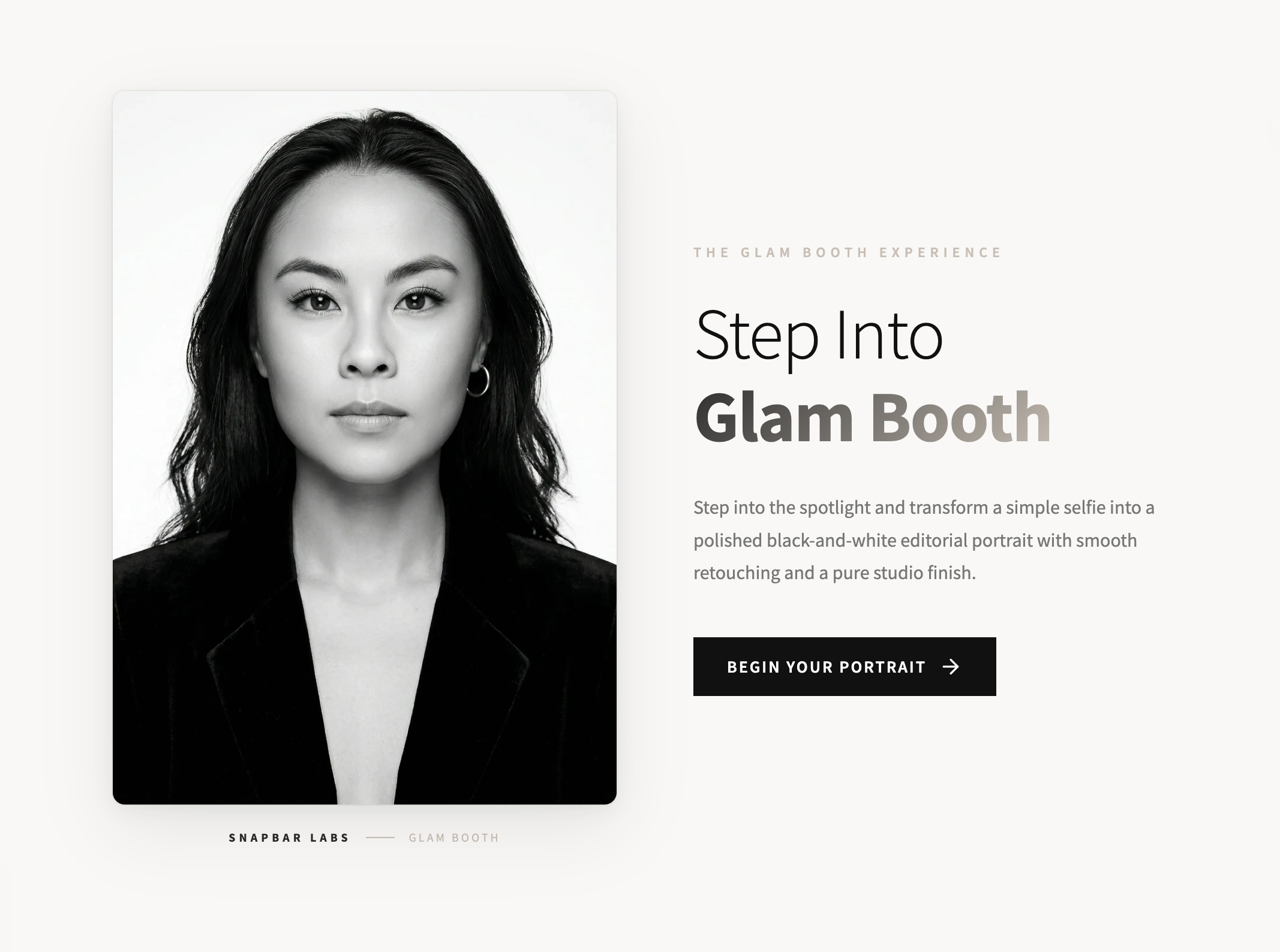 AI editorial portrait studio activation showing a branded landing page alongside a magazine-quality black-and-white portrait output