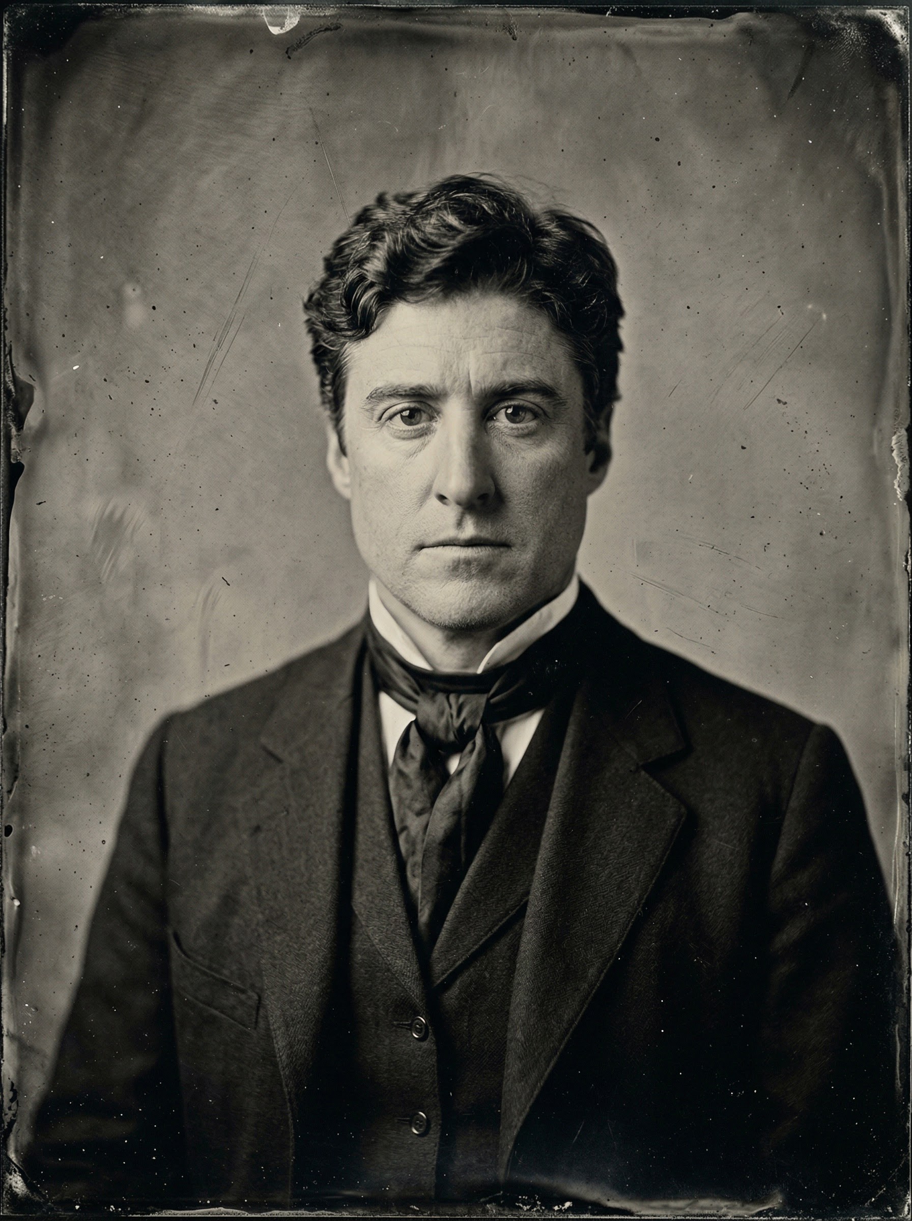 AI-generated vintage wet-plate tintype portrait transformation showing a modern selfie rendered as a 19th-century photograph