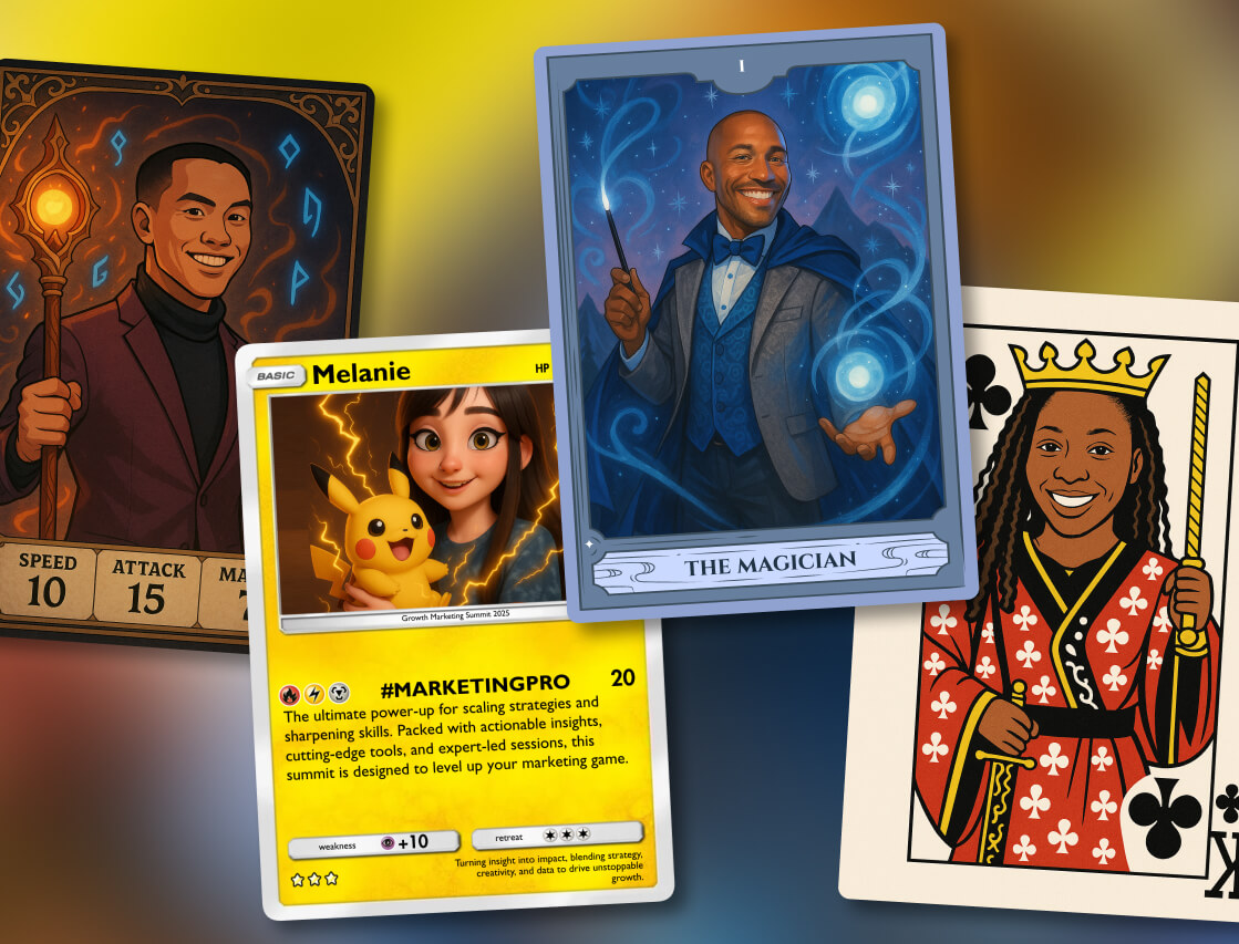 Custom trading card photo booth output in a classic gaming card style with personalized stats