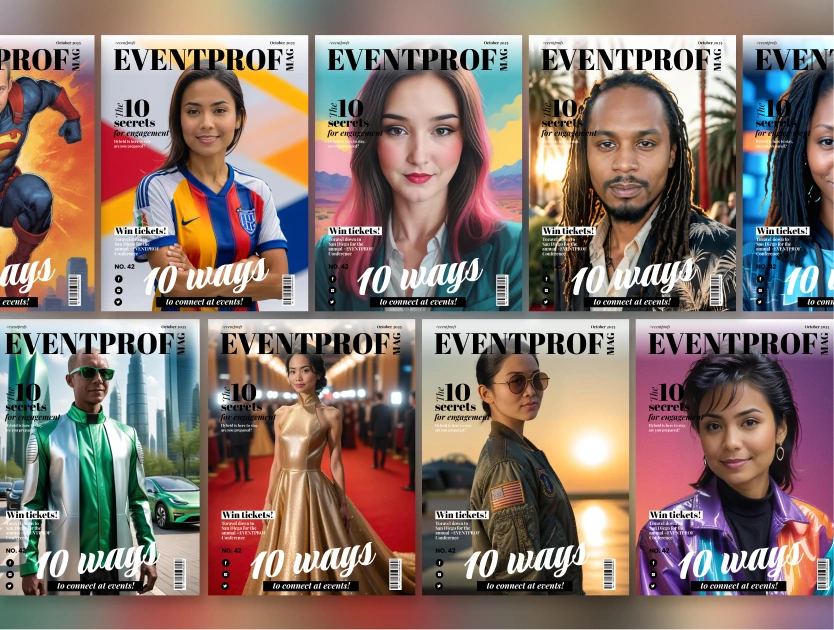 Grid of magazine covers styling different people as athletes, pilots, and red carpet guests