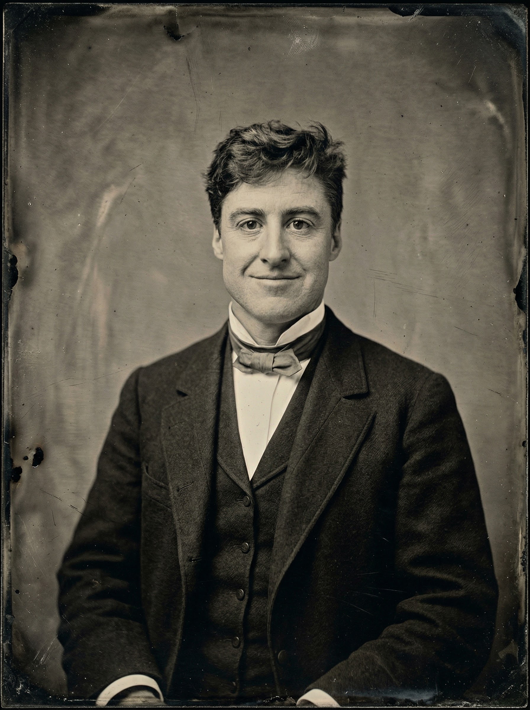 AI-generated tintype portrait transforming a modern selfie into a vintage wet plate photograph