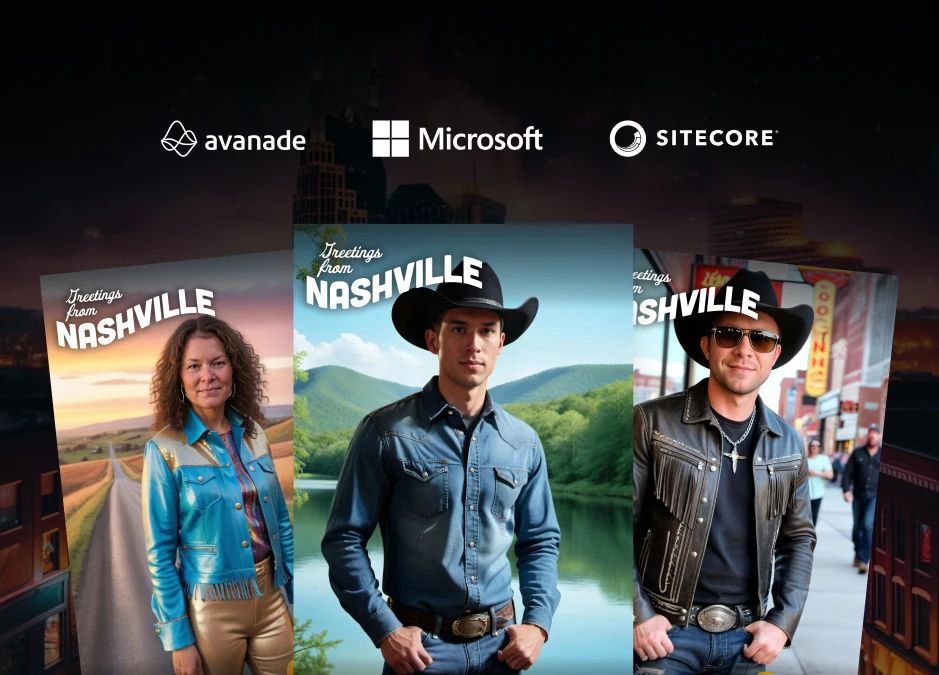 Branded AI photo activation outputs from a Sitecore conference showing attendees transformed into country music themed portraits