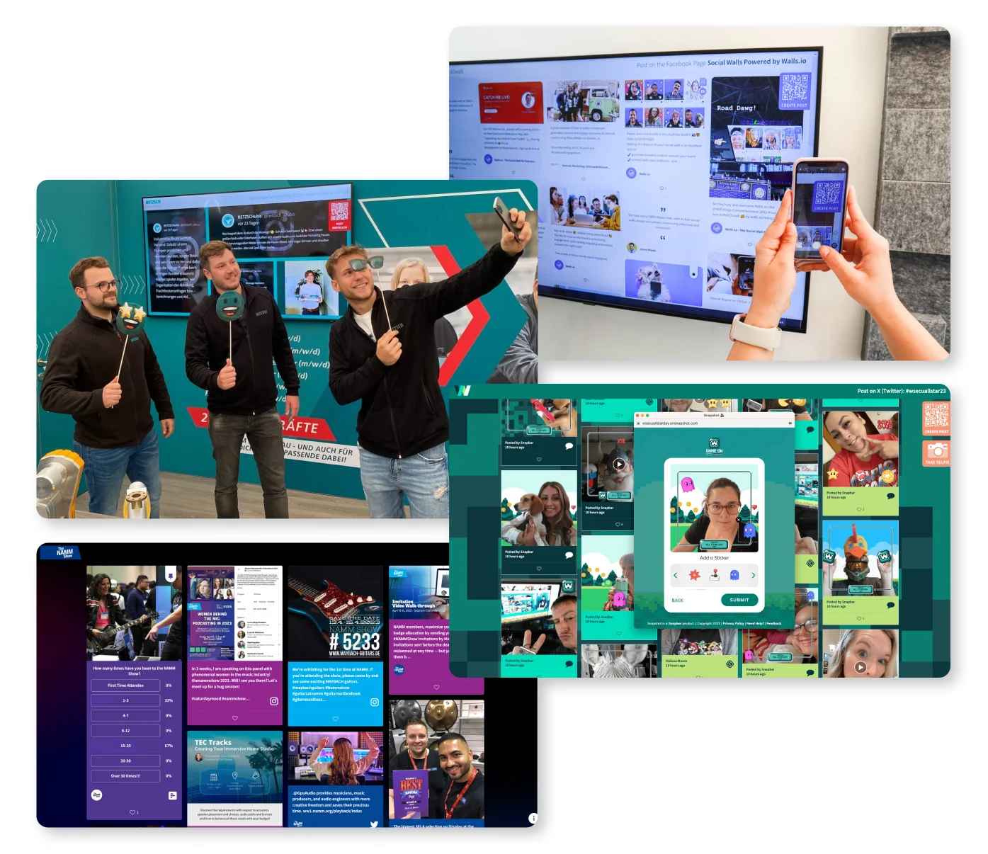Social wall and live gallery displays at events showing real-time attendee content on large screens with interactive sharing features
