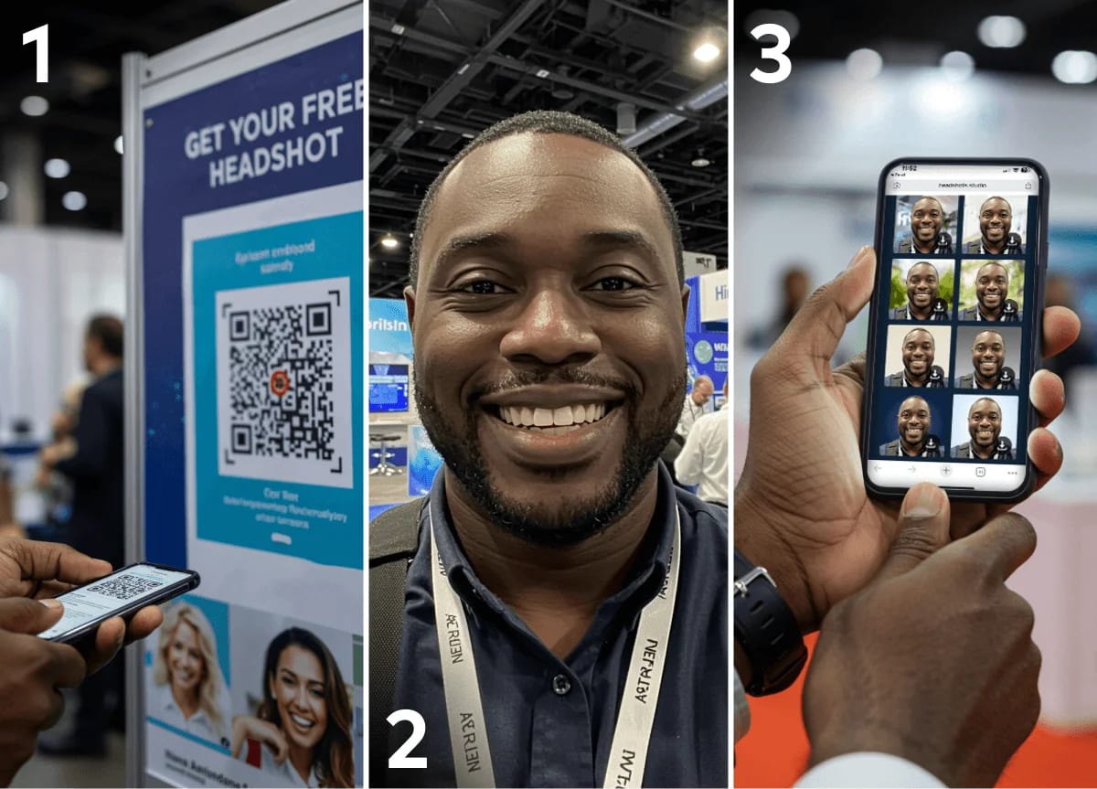 Event headshot activation at a trade show with QR code signage and attendee receiving AI-generated headshots on their phone