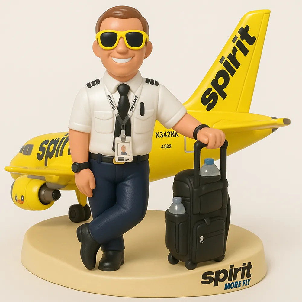 Spirit Airlines branded 3D figurine generated from a real attendee photo at a corporate activation, designed to be shared across social and email post-event