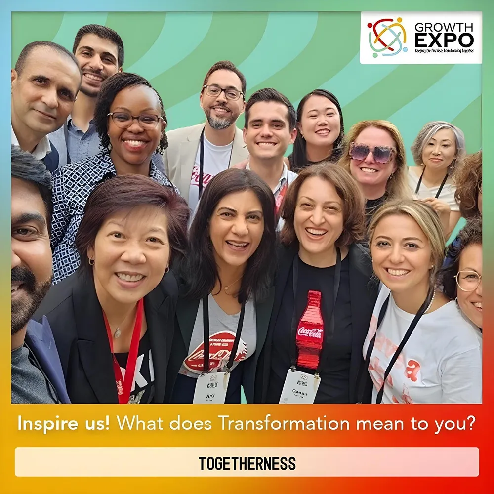 Coca-Cola Growth Expo attendees engaging with a branded interactive activation displaying the question 'What does Transformation mean to you?' with selected response 'Togetherness'