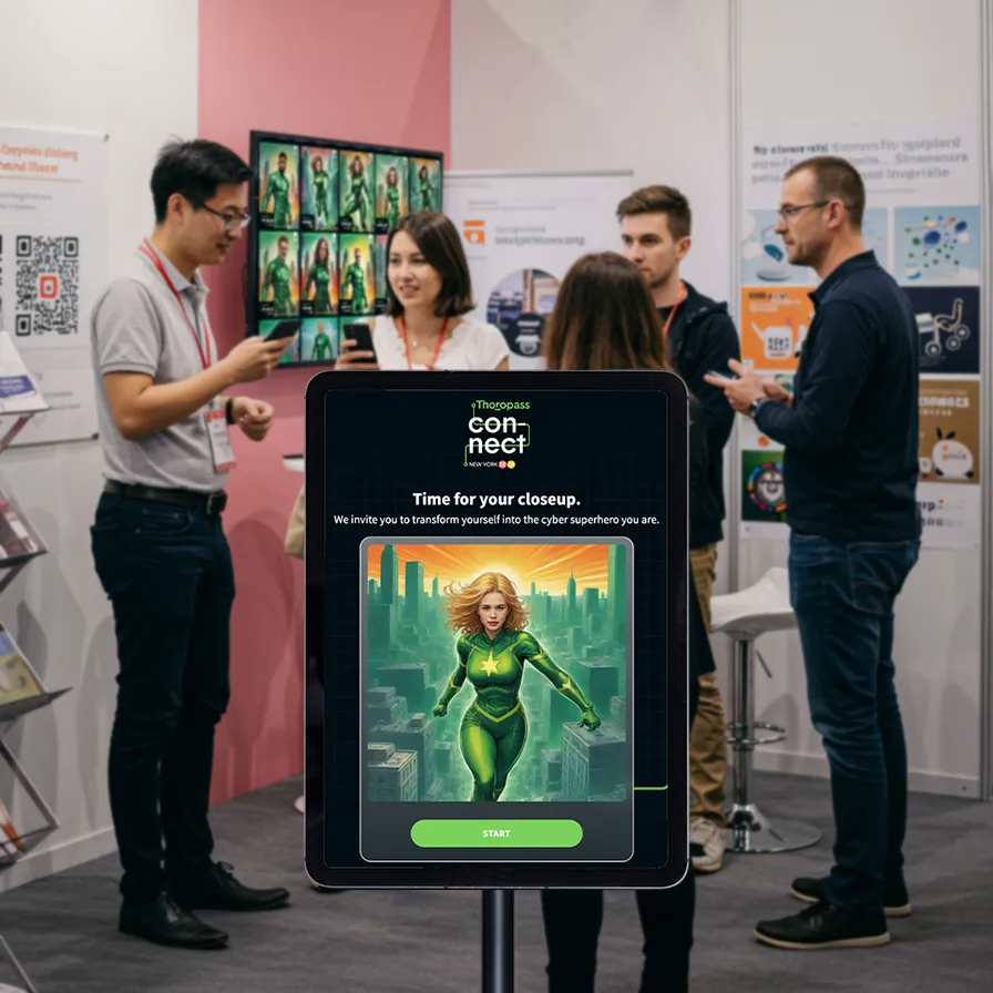 An AI video activation in a real-world trade show context, with guests engaging via a kiosk and capturing personalized branded video clips