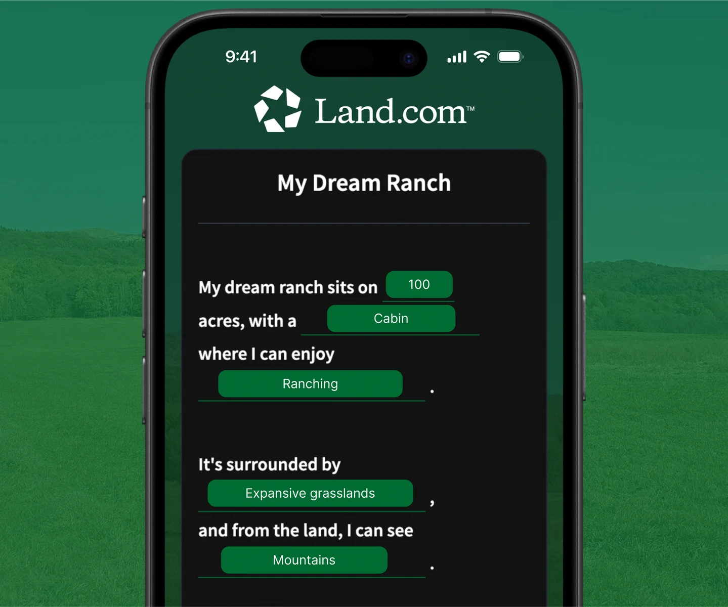 An AI Stories fill-in-the-blank story screen on a phone, where a guest completes a branded story template by selecting their own answers