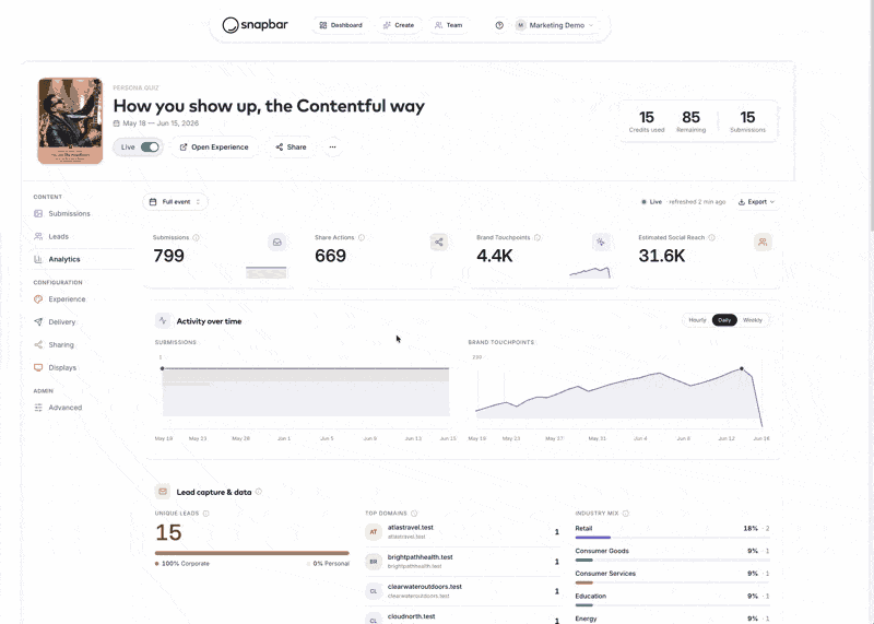 Scrolling the built-in analytics view and exporting a branded activation report in the new Snapbar dashboard