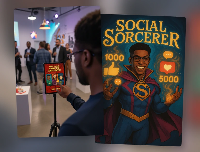 A guest's persona quiz result shown on a tablet at an event, styled as a branded Social Sorcerer persona card