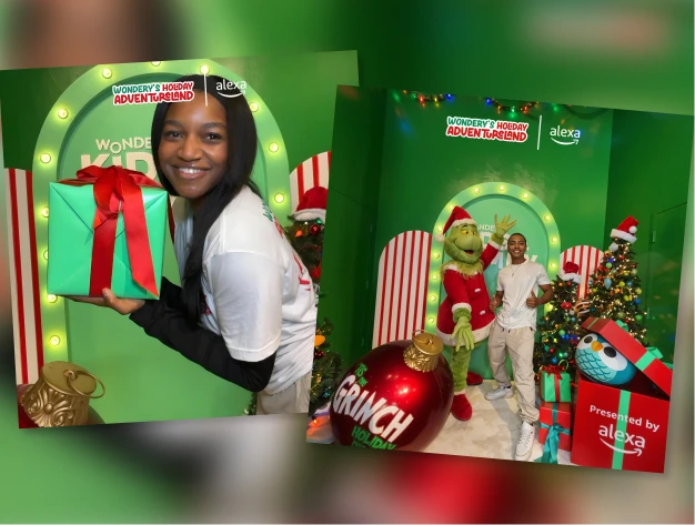 Two holiday photo prints of guests holding an oversized gift and posing with a costumed character