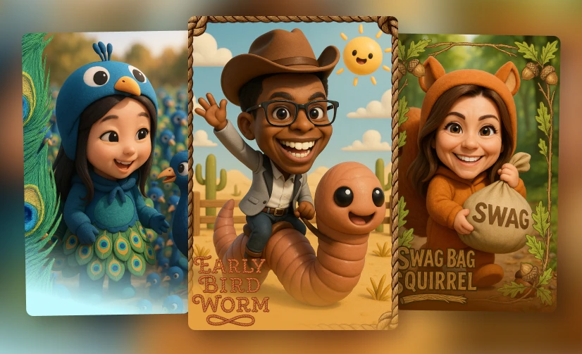 Three trading cards: a peacock character, cowboy riding a worm, and Swag Bag Squirrel