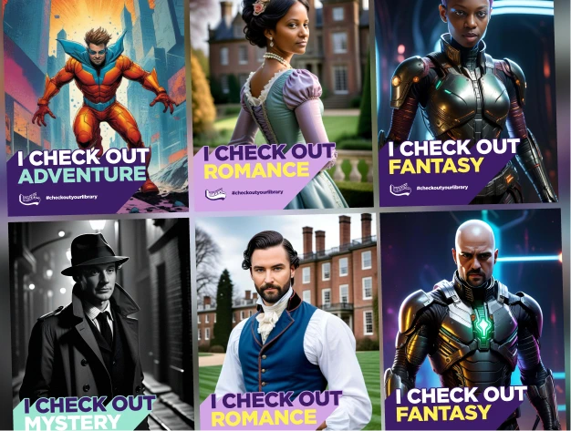 Six library campaign cards showing people restyled as adventure, romance, fantasy, and mystery characters