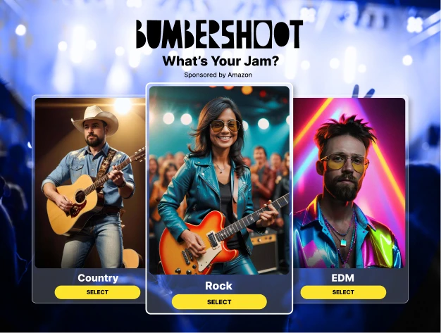 Festival music-genre selection screen with Country, Rock, and EDM musician cards