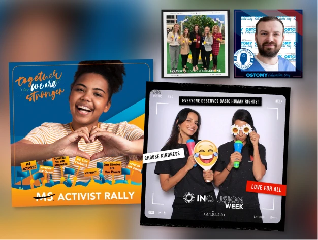 Layered photo prints from health awareness and inclusion campaigns with branded overlays, props, and slogans