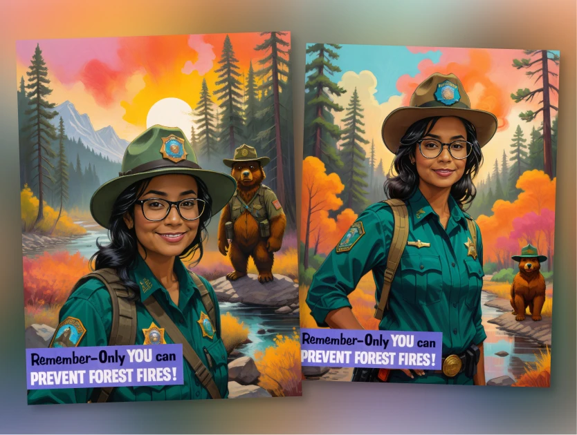 Two illustrated ranger posters of a smiling woman with a cartoon bear mascot in pine forest
