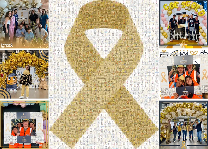 Gold ribbon mosaic built from thousands of tiny photos, framed by team group shots