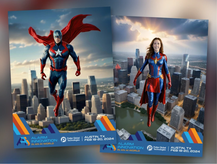 Two branded event posters placing attendees as caped superheroes flying above a city skyline