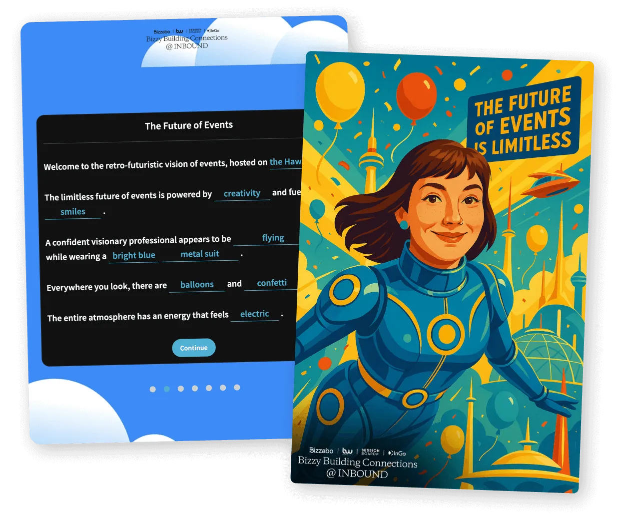 Tablet fill-in-the-blank story screen beside a retro futuristic illustrated poster of an attendee