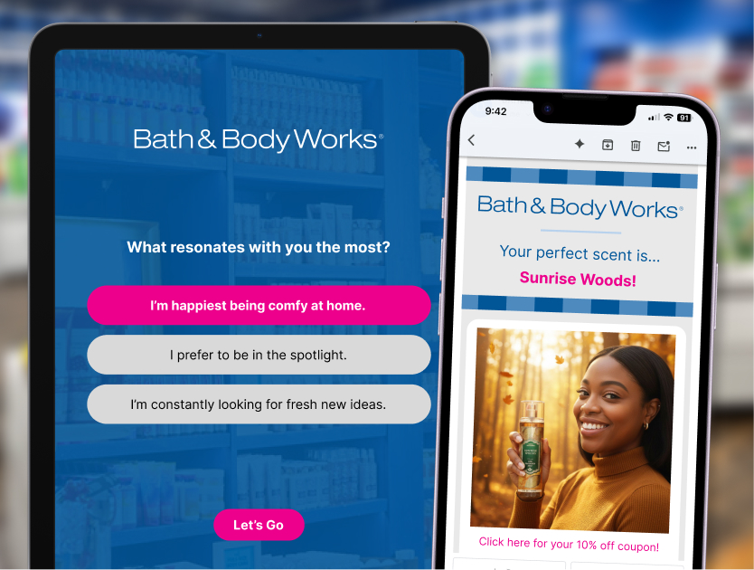 Tablet showing a product quiz question beside a phone displaying the matched scent result