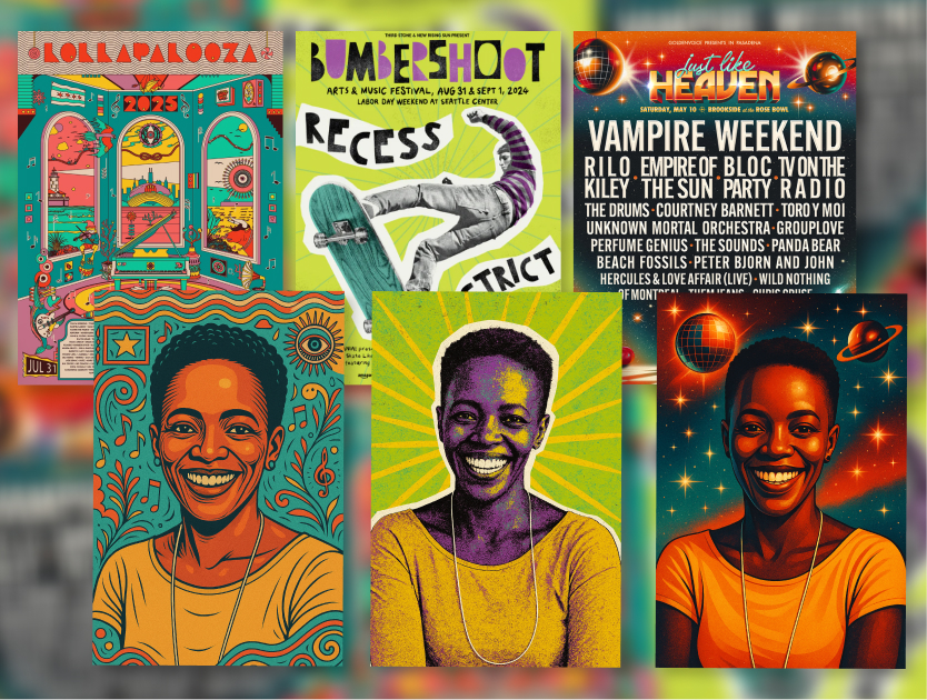 Music festival posters above three stylized portraits of the same smiling woman in different color treatments