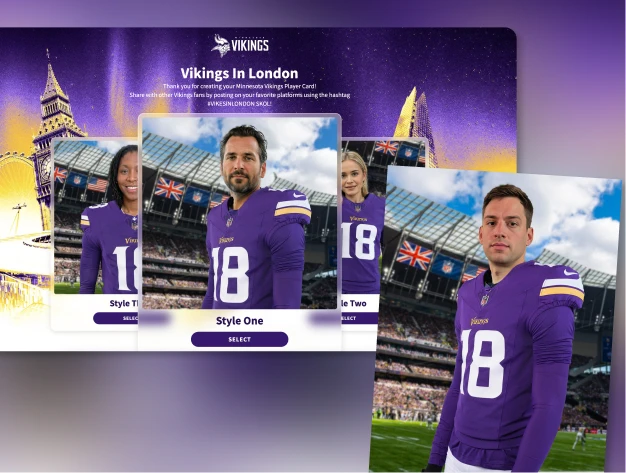 Football team style-selection screen with fans in purple number 18 jerseys inside a stadium
