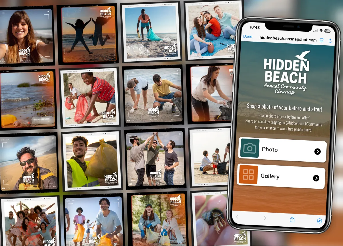 Beach cleanup photo grid with event branding beside phone showing photo and gallery buttons