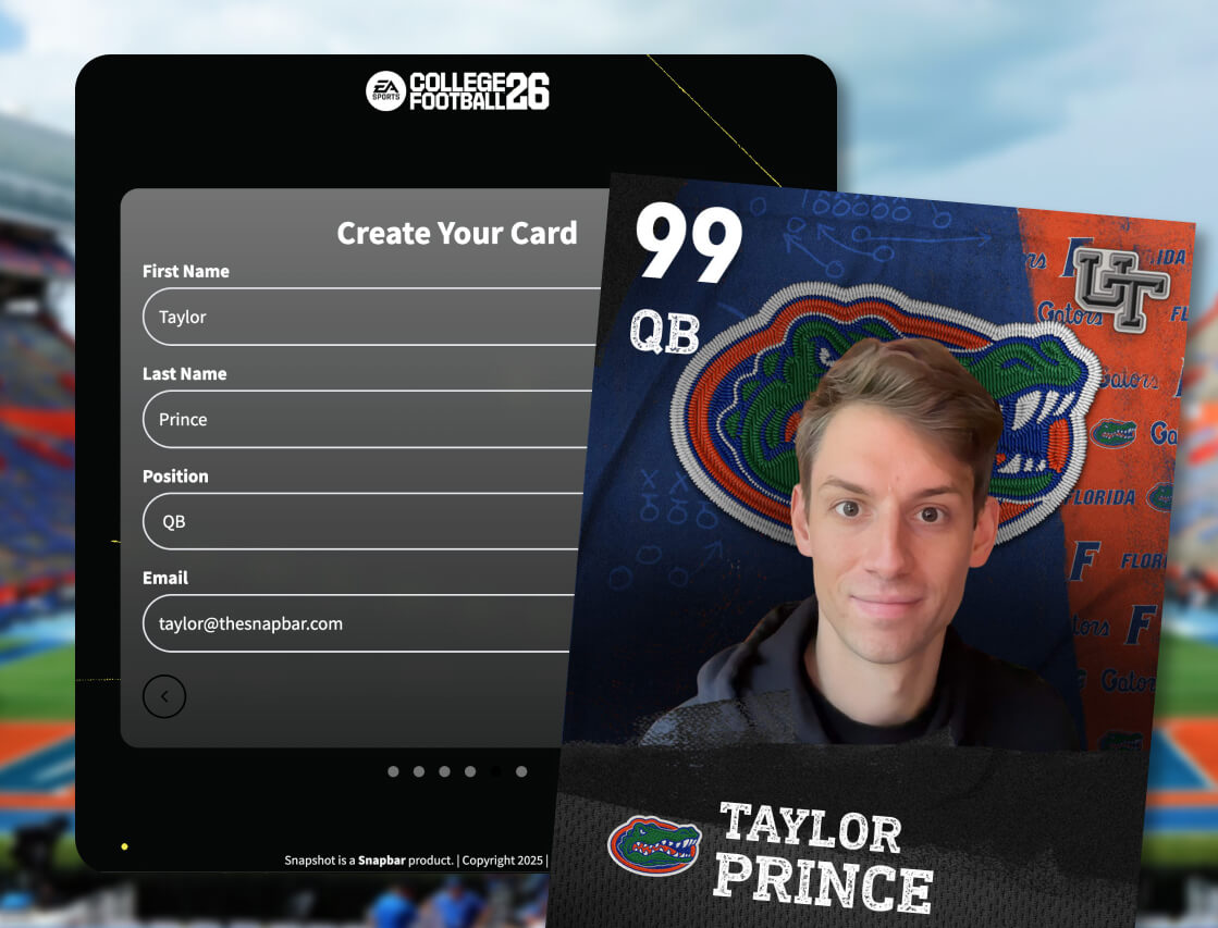 Tablet card creation form beside a finished college football trading card showing a quarterback portrait