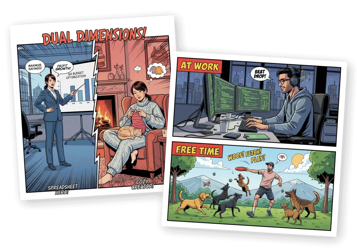 Comic book pages splitting people into work and hobby panels: presenting, knitting, coding, playing fetch