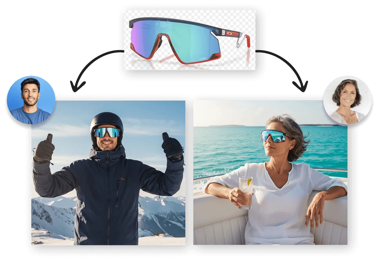 Wraparound sunglasses product shot with arrows to a skier on a summit and a woman boating