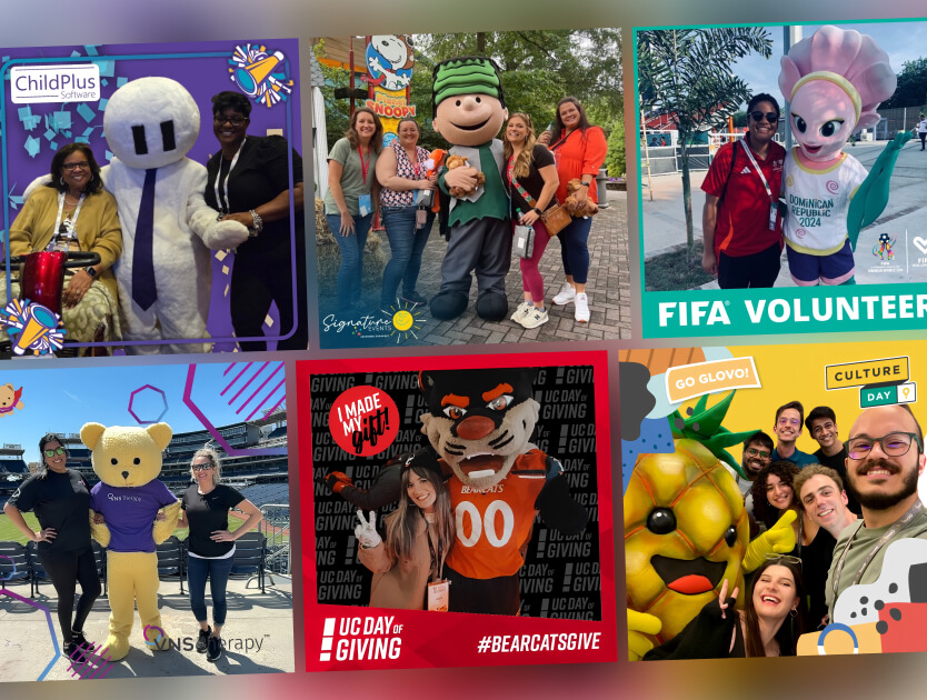 Six framed photos of attendees posing with costumed mascots at sports and campus events