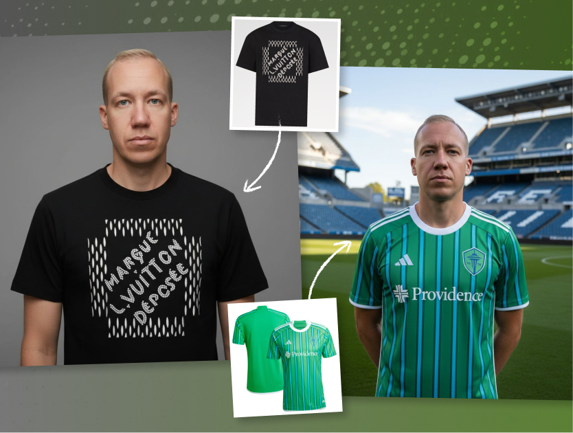 Same man shown twice wearing a graphic tee and a green soccer jersey, with product reference shots