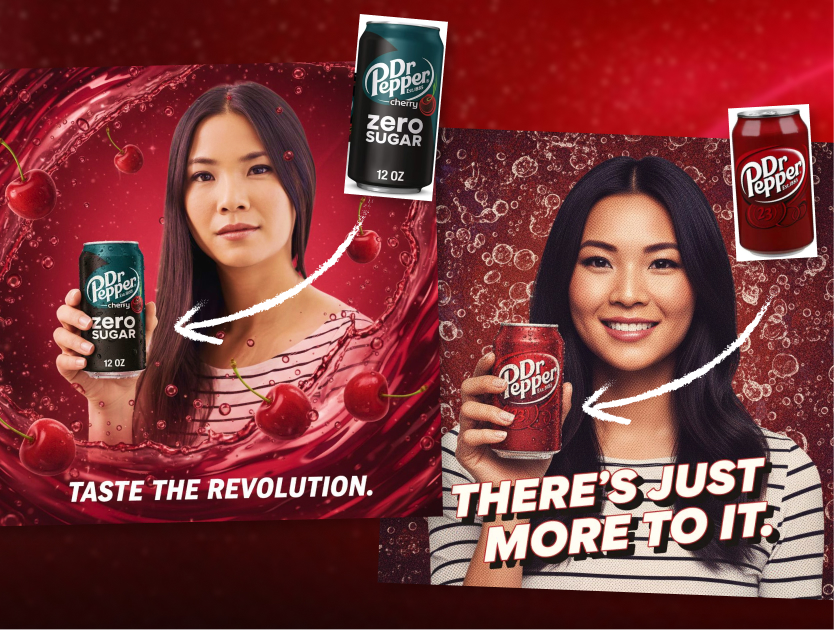 Woman holding soda cans in two ad layouts, arrows pointing from product reference shots