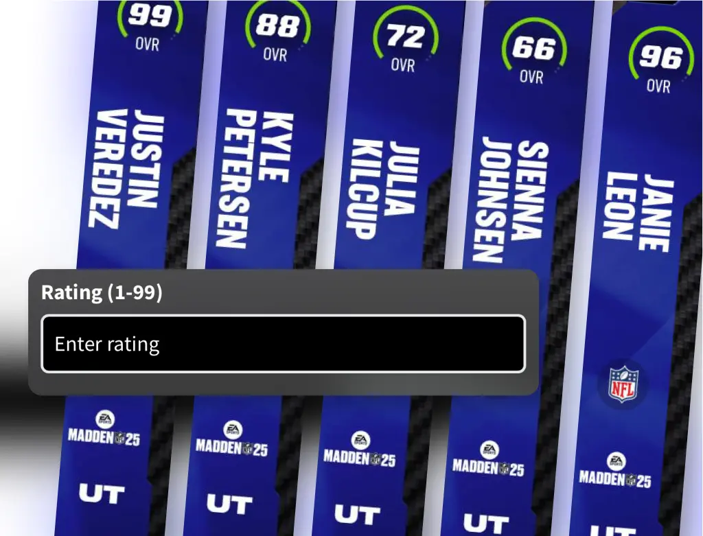 Guest-facing rating entry screen from a trading card activation, showing a numeric input for a self-selected rating over a row of branded card backs