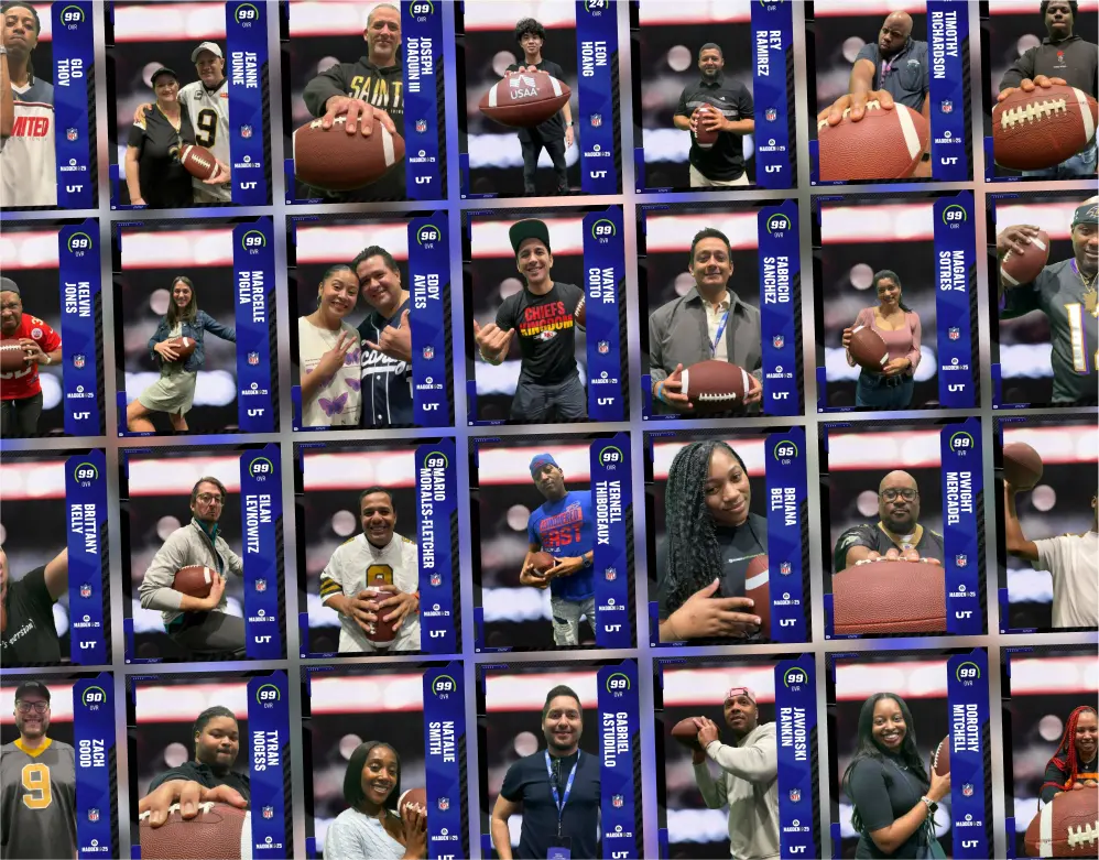 Grid of Madden Ultimate Team trading cards created for NFL fans at the Super Bowl Experience Fan Zone, each showing a real fan photo and a self-selected Overall rating