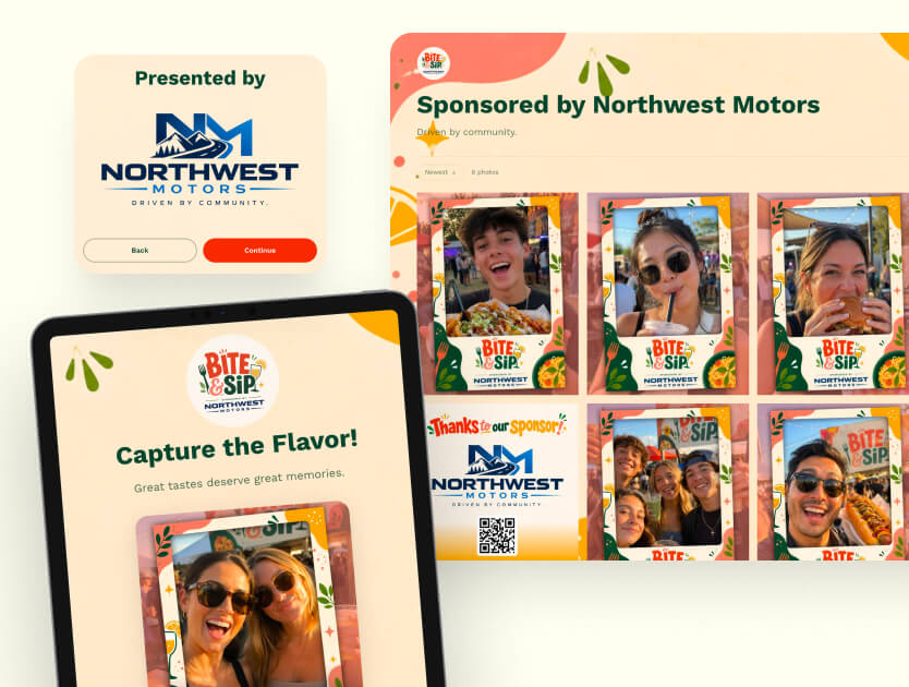 Tablet capture screen, sponsor thank-you page with QR code, and a live gallery grid all carrying the same food festival sponsor branding