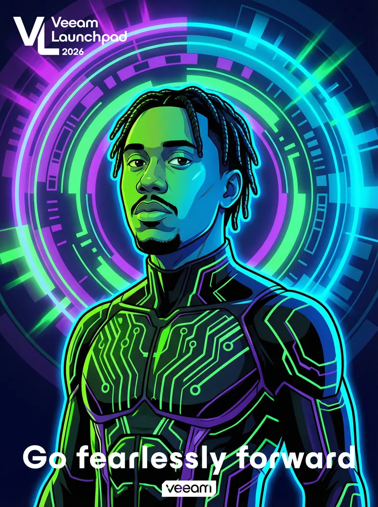 AI photo of a guest as a neon comic book character in a circuit-lined suit, with Veeam Launchpad event branding