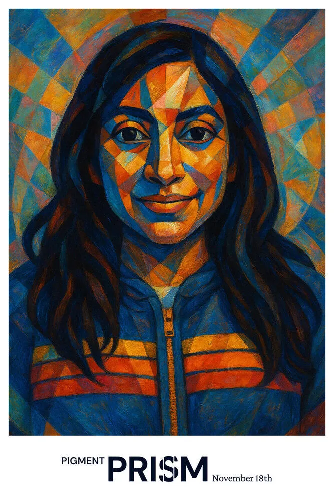 AI photo of a guest as a cubist painted portrait in warm geometric colors on a Pigment Prism event poster