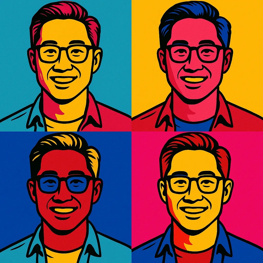 AI photo of a guest as a four-panel pop art portrait in bold primary colors