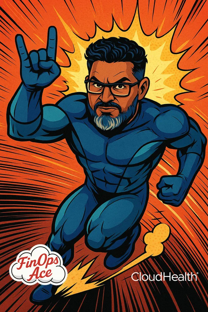 AI photo of a guest as a comic book superhero flying forward, with CloudHealth FinOps Ace event branding