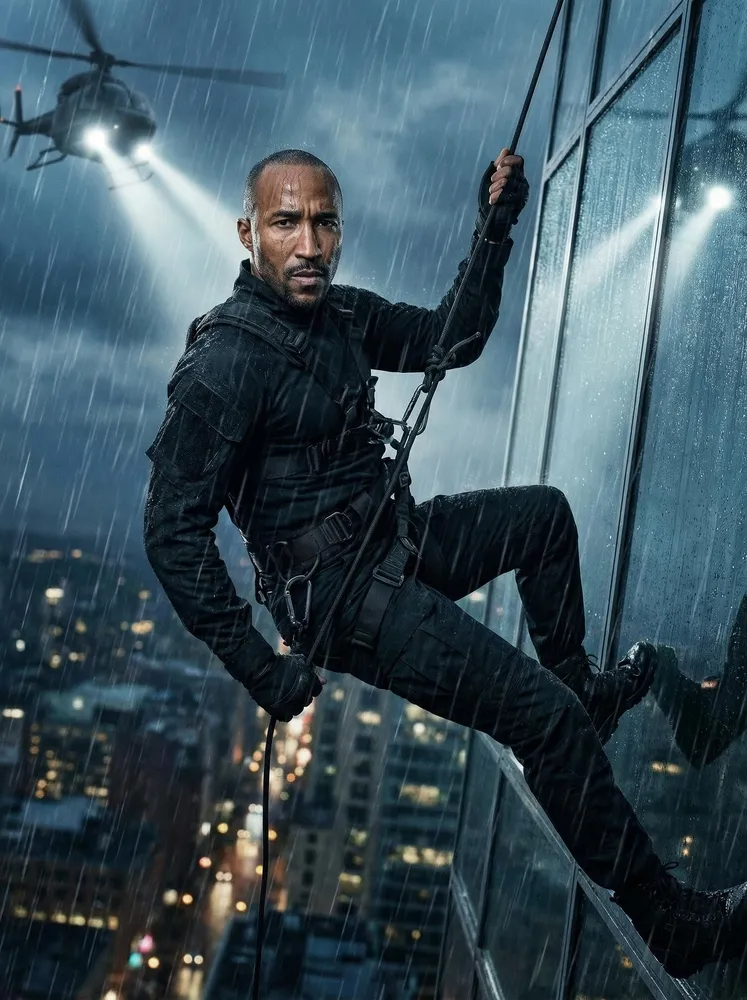 AI photo of a guest as an action movie hero rappelling down a rainy skyscraper with a helicopter spotlight behind him