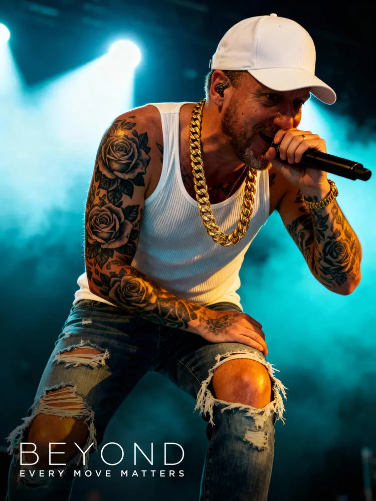 AI photo of a guest as a tattooed rockstar singing on a smoky stage, with Beyond event branding