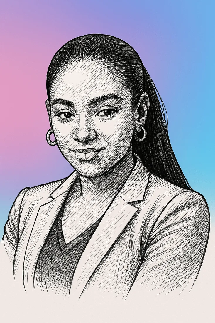 AI photo of a guest as a detailed pencil sketch portrait on a pink and blue gradient background