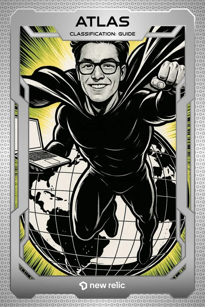 AI photo of a guest as a caped superhero on a silver trading card holding a laptop, with New Relic event branding