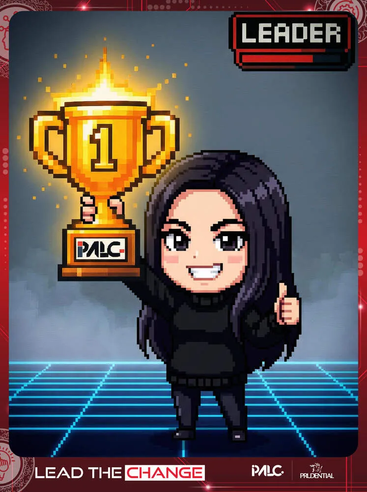 AI photo of a guest as a pixel art character holding a golden trophy, with Prudential Lead the Change event branding