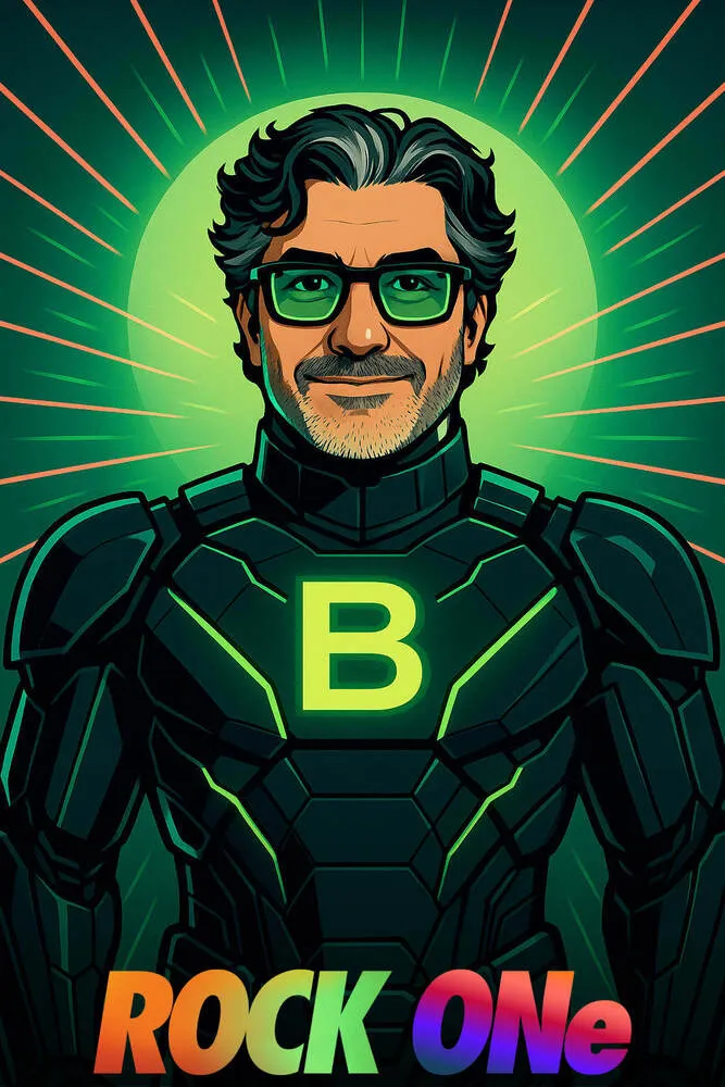 AI photo of a guest as a retro comic superhero in dark armor with a glowing green B emblem and Rock One lettering