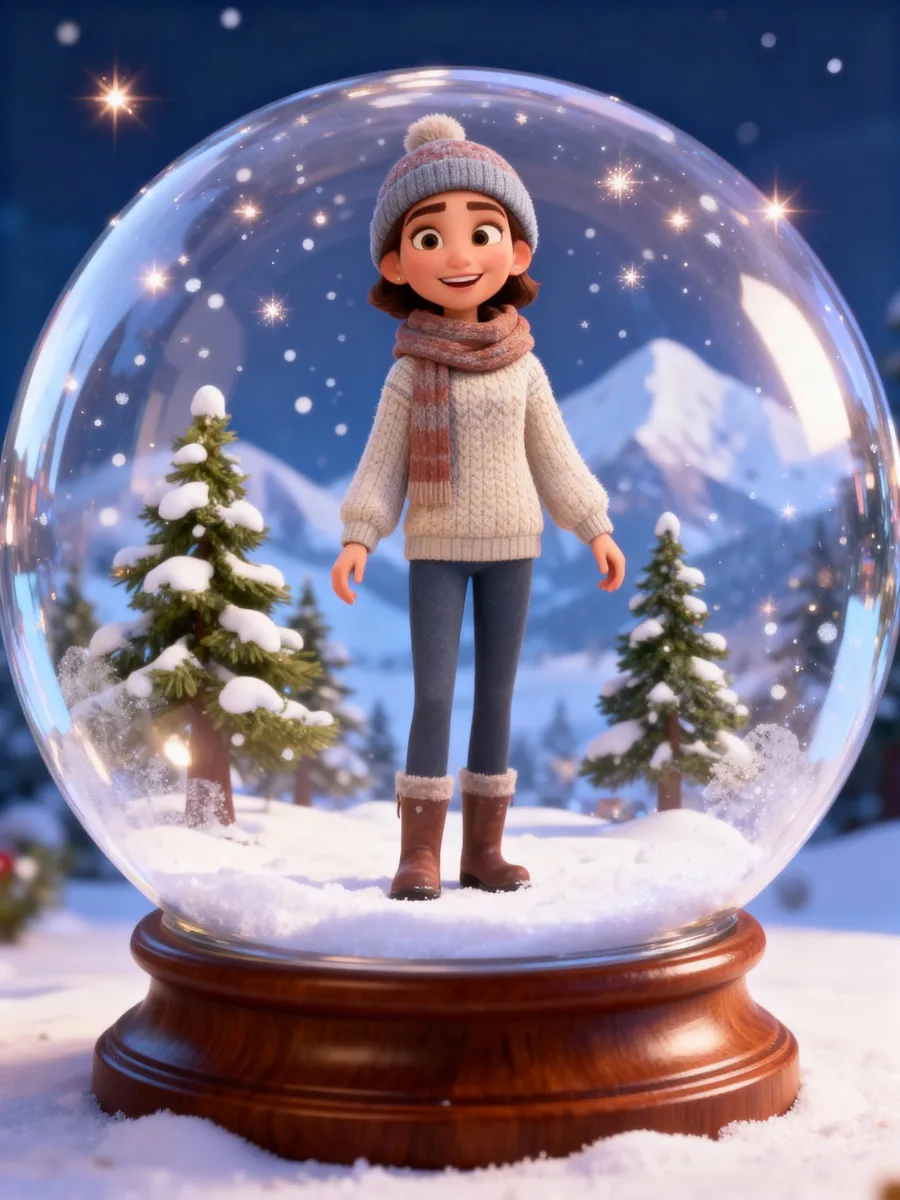 AI photo of a guest as an animated character standing inside a snow globe among snowy pine trees