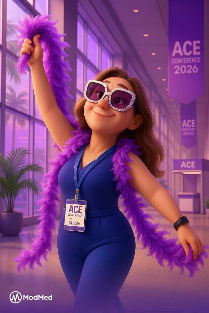 AI photo of a guest as an animated character in sunglasses and a purple feather boa at the ACE Conference, with ModMed branding