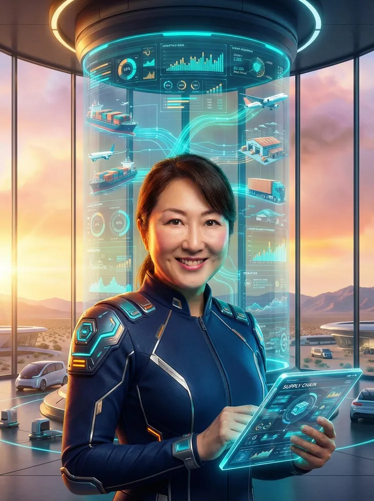 AI photo of a guest as a futurist in a sleek suit holding a holographic supply chain dashboard in a desert control tower